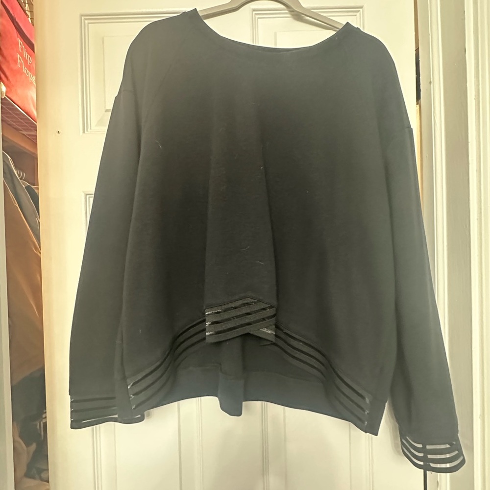 Black Sweatshirt with Striped Hem and Cuffs